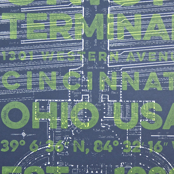Union Terminal Blueprint with Green Text Overlay